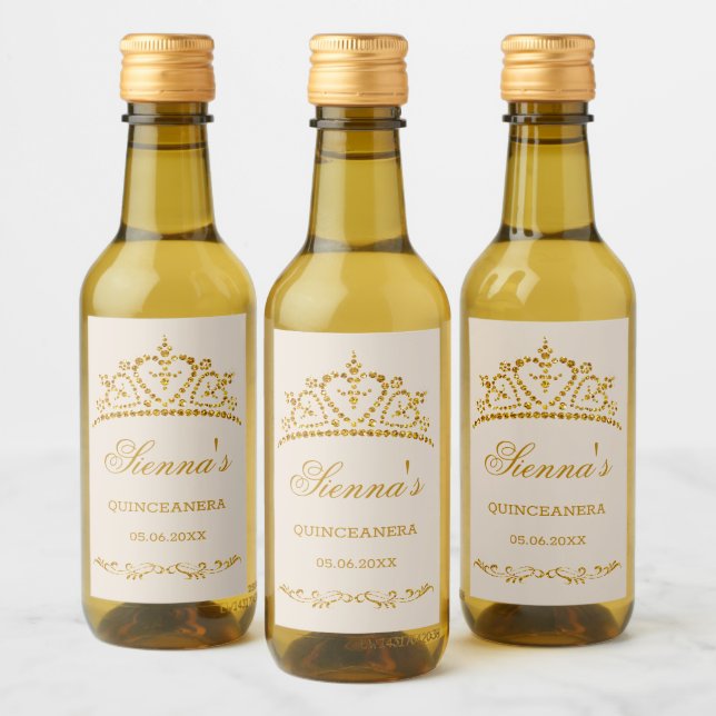 Gold glitter tiara in a heart shape Quinceanera Wine Label (Bottles)