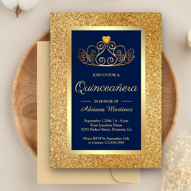 Gold Glitter Tiara Princess Blue Quinceanera Invitation (Creator Uploaded)