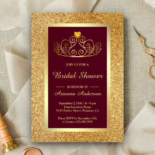 Gold Glitter Tiara Princess Burgundy Bridal Shower Invitation