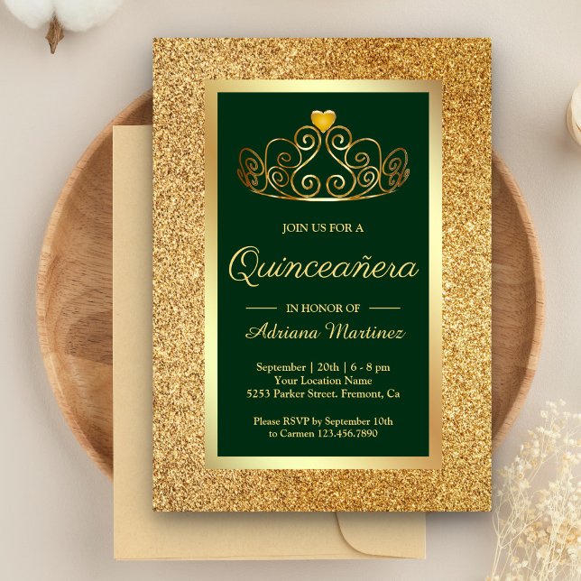 Gold Glitter Tiara Princess Green Quinceanera Invitation (Creator Uploaded)