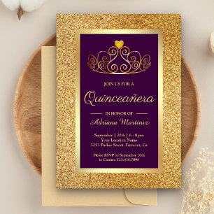 Gold Glitter Tiara Princess Purple Quinceanera Invitation