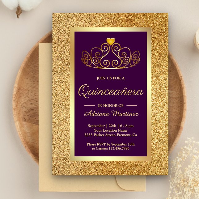 Gold Glitter Tiara Princess Purple Quinceanera Invitation (Creator Uploaded)