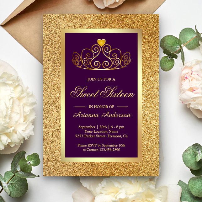 Gold Glitter Tiara Princess Purple Sweet Sixteen Invitation (Creator Uploaded)