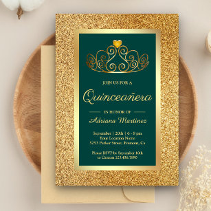 Gold Glitter Tiara Princess Teal Quinceanera Invitation