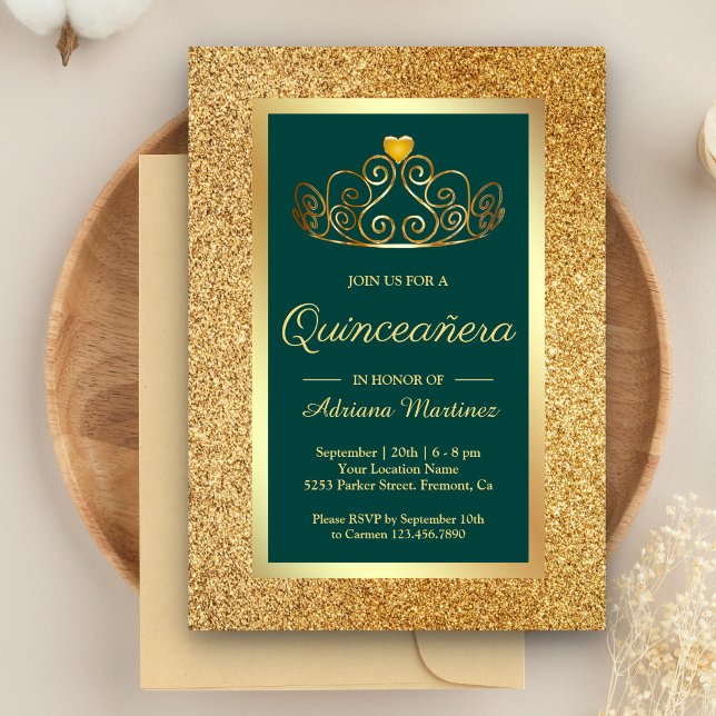 Gold Glitter Tiara Princess Teal Quinceanera Invitation (Creator Uploaded)