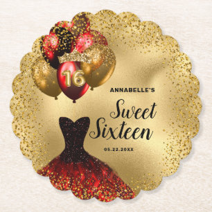 Gold Glitter Tiara Red Dress Sweet 16 Birthday Paper Coaster