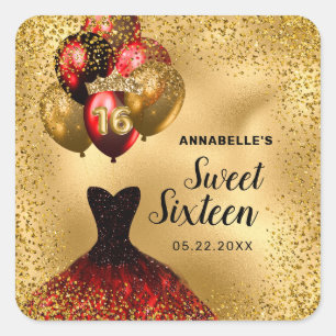 Gold Glitter Tiara Red Dress Sweet 16 Birthday Square Sticker