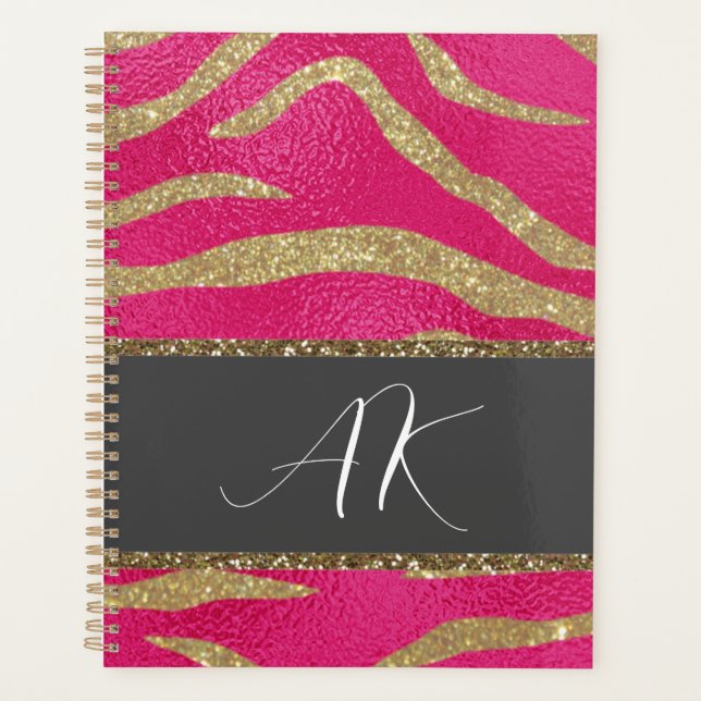 Gold Glitter Tiger Stripes & Initials on Hot Pink Planner (Front)