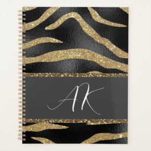 Gold Glitter Tiger Stripes on Black Leather Planner