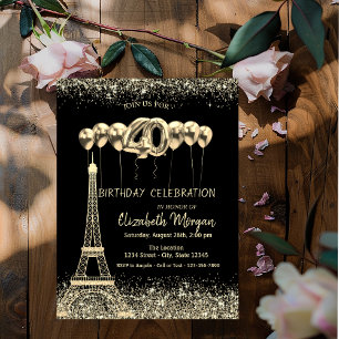 Gold Glitter Tower Confetti Balloons 40th Birthday Invitation