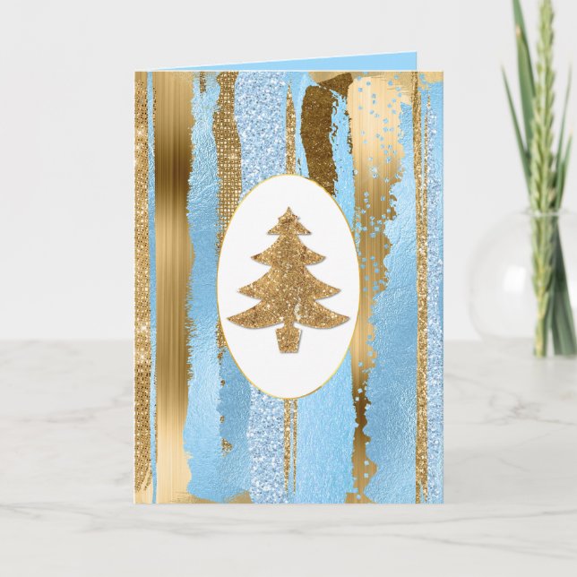 Gold Glitter Tree Christmas Greeting Card (Front)