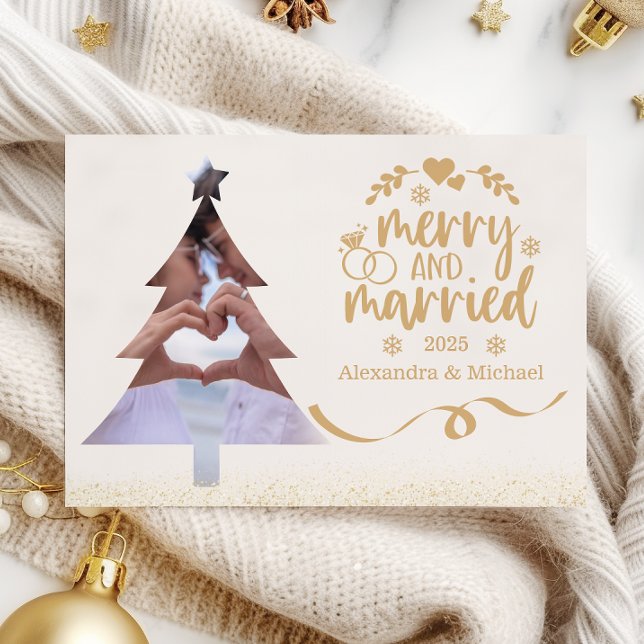 Gold Glitter Tree Photo Merry & Married  Holiday Card (Creator Uploaded)