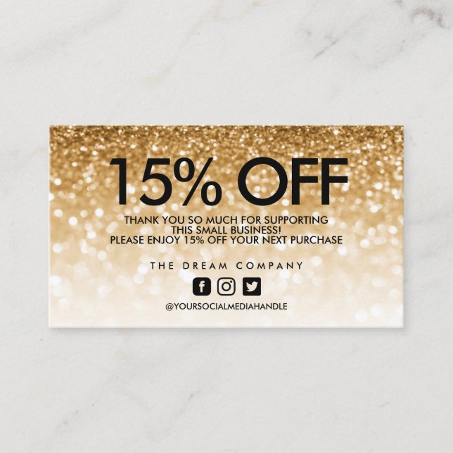 Gold Glitter Trendy Discount Thank You Business Card (Front)