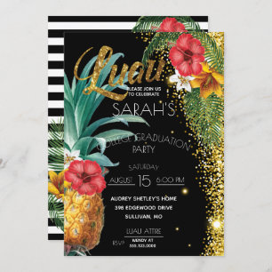 Gold Glitter Tropical Flowers Graduation Party Invitation