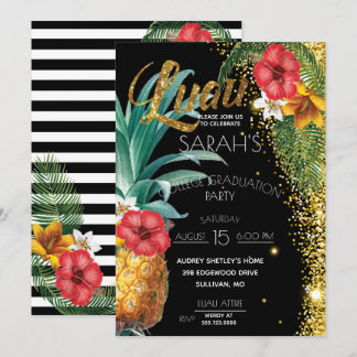 Gold Glitter Tropical Flowers Graduation Party Invitation