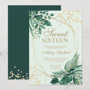 Gold glitter tropical green watercolor Sweet 16 Invitation