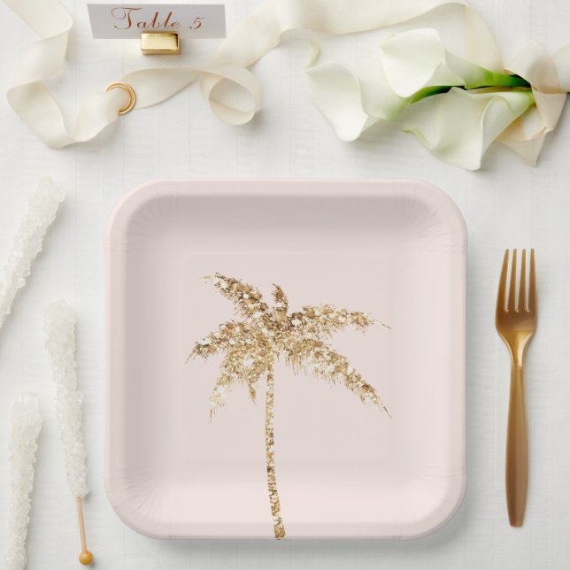 Gold Glitter Tropical Palm Tree Paper Plate (Wedding)