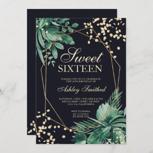 Gold glitter tropical watercolor navy Sweet 16 Invitation