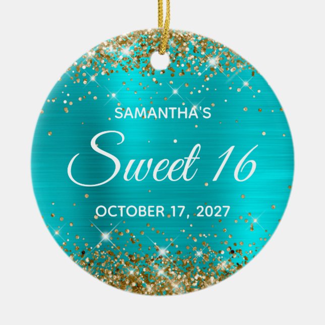 Gold Glitter Turquoise Blue Foil Sweet 16 Ceramic Ornament (Front)