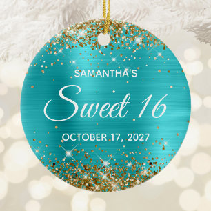 Gold Glitter Turquoise Blue Foil Sweet 16 Ceramic Ornament