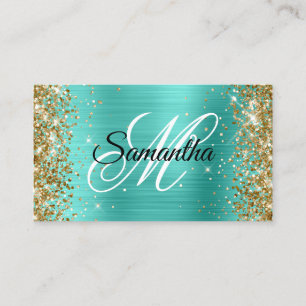 Gold Glitter Turquoise Foil Fancy Monogram Business Card