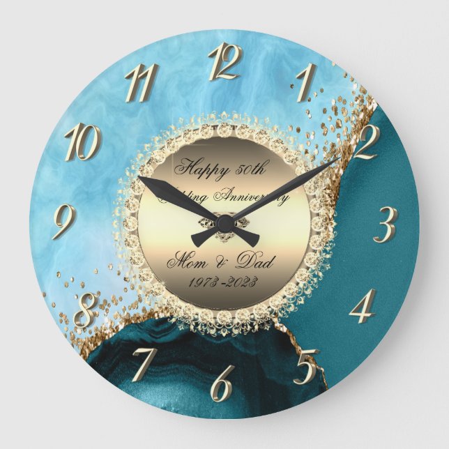  Gold Glitter Turquoise Marble 50th Wedding  Large Clock (Front)