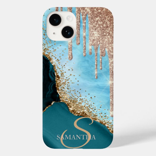   Gold Glitter Turquoise Marble Glitter Drips Case-Mate iPhone Case (Back)