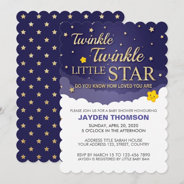 Gold Glitter Twinkle Little Star Baby Shower Invitation (Front/Back)