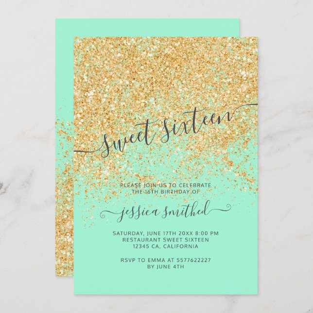 Gold glitter typography mint green Sweet 16 Invitation (Front/Back)