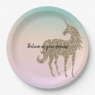 Gold Glitter Unicorn Aqua Peach Pink Ombre Tie Dye Paper Plate