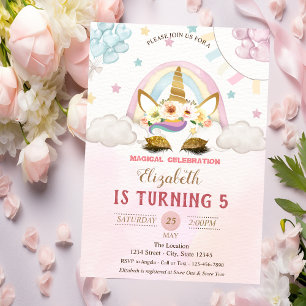 Gold Glitter Unicorn,Balloons Rose Gold Birthday Invitation