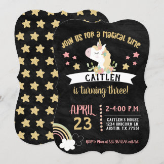Gold Glitter Unicorn Birthday Party Chalkboard Invitation