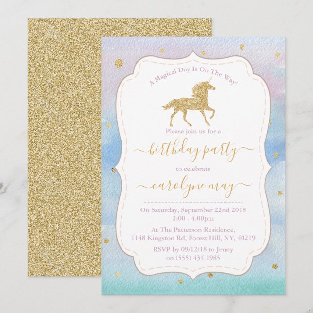 Gold Glitter Unicorn Birthday Party Invitation (Front/Back)
