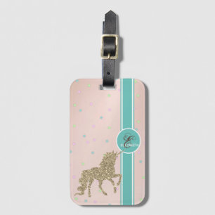 Gold Glitter  Unicorn, Colourful Stars Monogram Luggage Tag