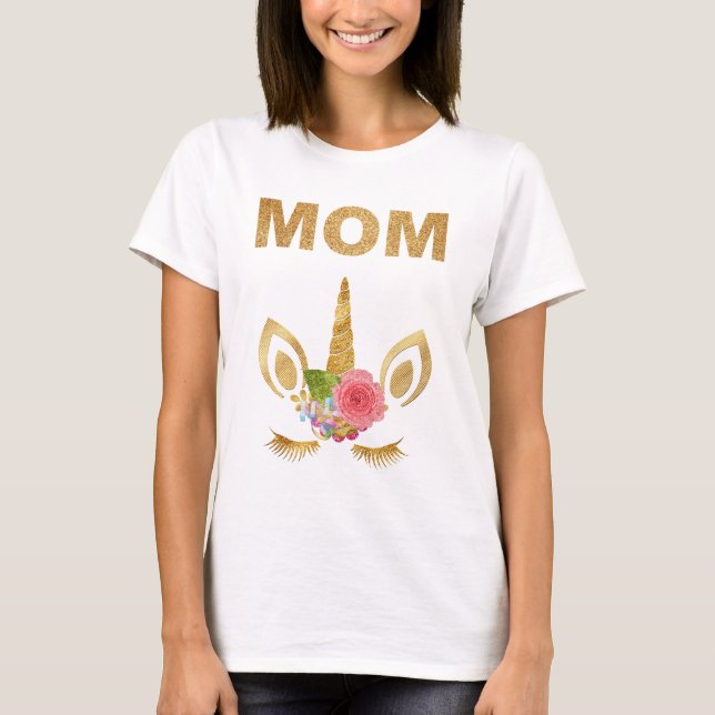 Gold Glitter Unicorn Face Birthday Party Mum T-Shirt (Front)