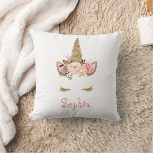 Gold Glitter Unicorn Face Kid's name Throw Pillow