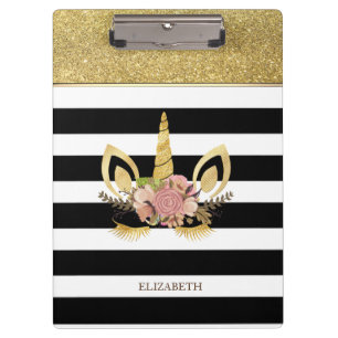 Gold Glitter Unicorn Face, Stripes -Personalised Clipboard
