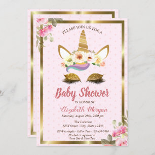 Gold Glitter Unicorn Floral Polka Dots Baby Shower Invitation