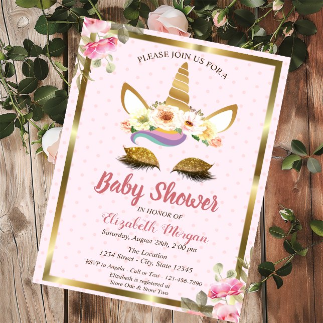 Gold Glitter Unicorn Floral Polka Dots Baby Shower Invitation (Creator Uploaded)