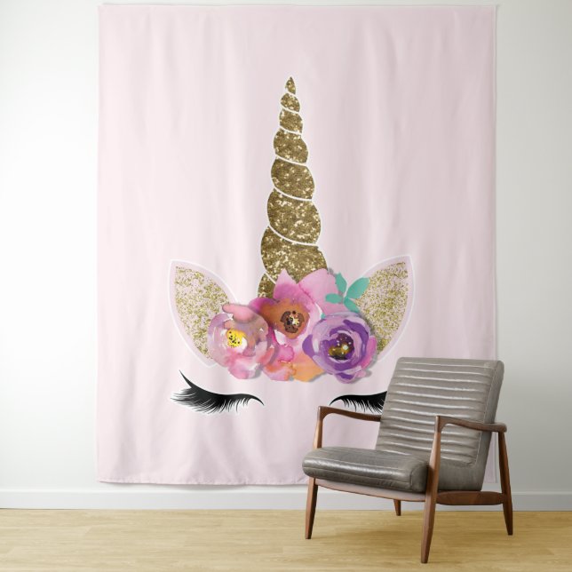 Gold Glitter Unicorn Horn Floral Modern Trendy Tapestry (In Situ)