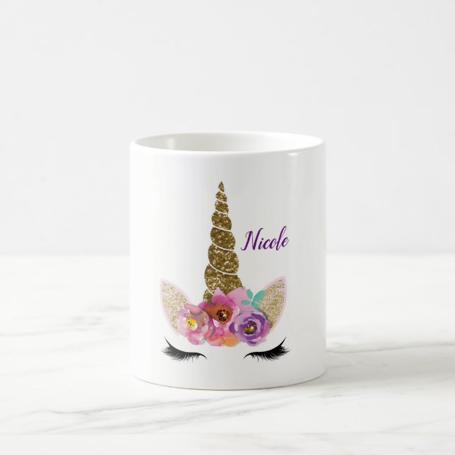 Gold Glitter Unicorn Horn Girls Glam Personalised Coffee Mug (Center)