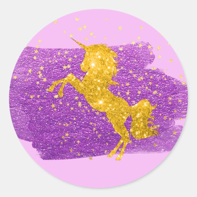 Gold Glitter Unicorn on Pink Classic Round Sticker (Front)