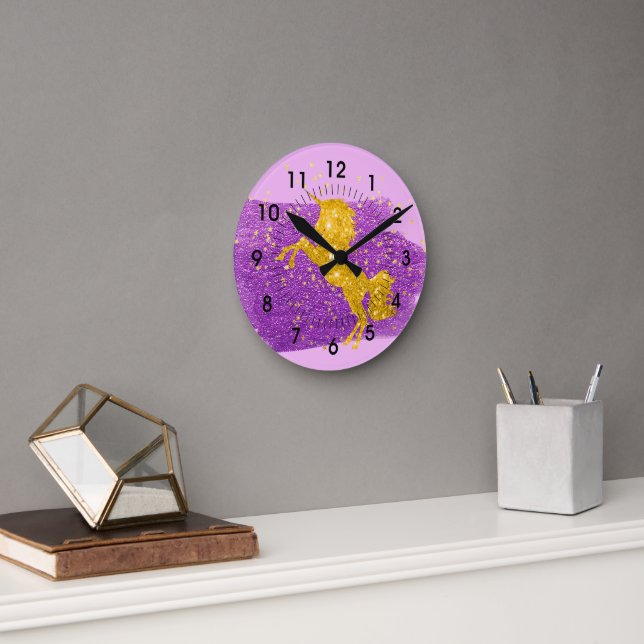 Gold Glitter Unicorn on Pink Round Clock (Office)