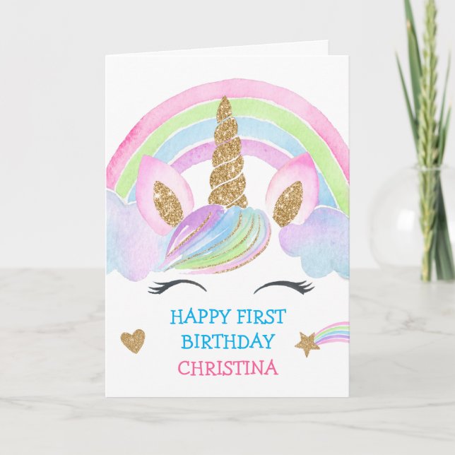 Gold Glitter Unicorn Personalized Girl Birthday Card (Front)