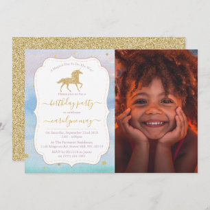 Gold Glitter Unicorn Photo Any Age Birthday Invitation