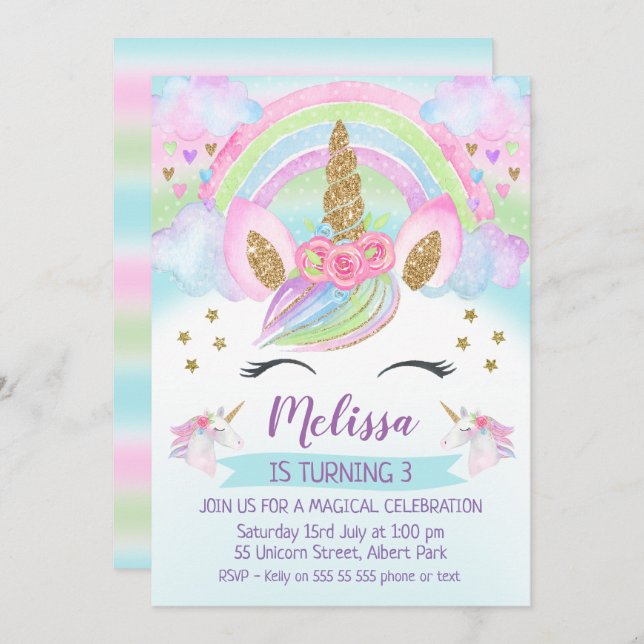 Gold Glitter Unicorn Rainbow Birthday Invitation (Front/Back)