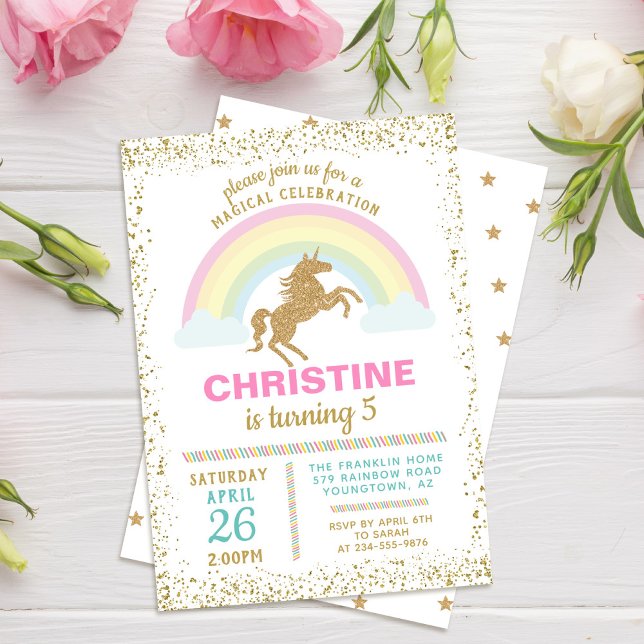Gold Glitter Unicorn Rainbow Birthday Invitation (Creator Uploaded)