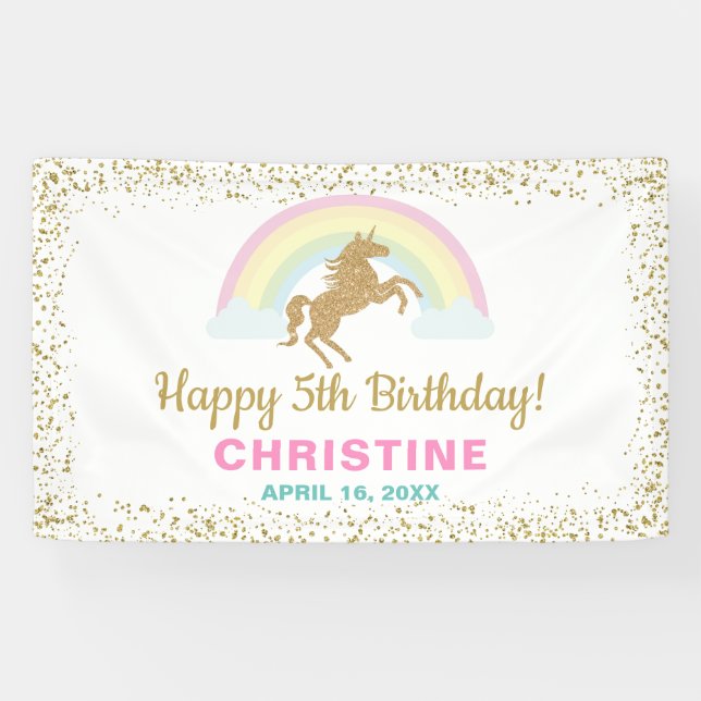 Gold Glitter Unicorn Rainbow Birthday Party Banner (Horizontal)