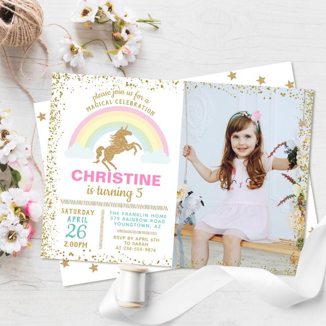 Gold Glitter Unicorn Rainbow Birthday Photo Invitation (Creator Uploaded)