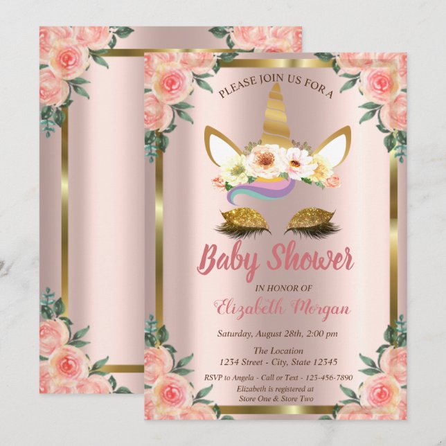 Gold Glitter Unicorn Roses Crown Baby Shower Invit Invitation (Front/Back)